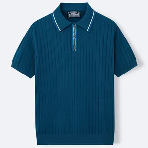 Men's dark teal short sleeve knit Polo shirt with cable stripes and white tipping detail