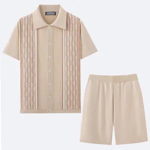 Modern men's summer knitted 2-piece set with short sleeve jacquard cardigan and shorts