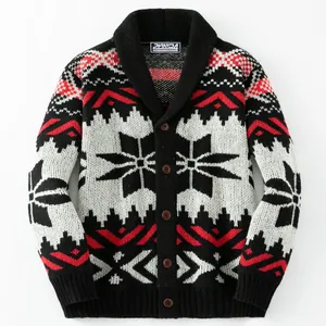 Vintage heren gebreid vest met etnisch jacquard patroon en sjaalkraag zwart rood wit