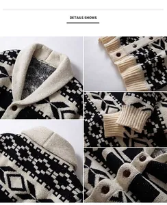 Detailopnamen van retro heren gebreid vest met geometrische patronen en een sjaalkraag