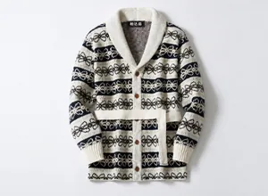 Vintage navy patterned shawl collar knit cardigan with belt detail