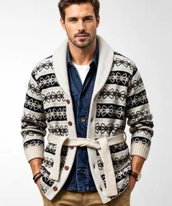 Detail view of men's vintage patterned shawl collar knit cardigan with belt design