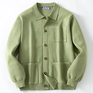 Sage green men's knitted cardigan jacket with lapel collar and patch pockets