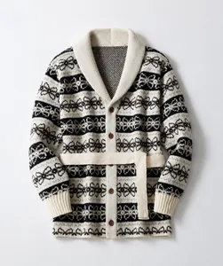 Detailed view of men's vintage jacquard knit cardigan featuring a shawl collar and belt