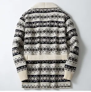 Close-up of the back view of a vintage shawl collar knit cardigan with a belt