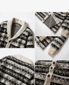 Close-up details of vintage patterned shawl collar knit cardigan showing buttons and texture.