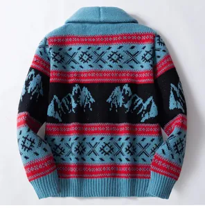 Detaillierte Rückansicht der Vintage-Strickjacke mit ethnischem Jacquard-Muster und Schalkragen