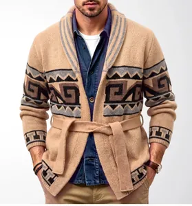 Detailed front view of men's thick retro jacquard cardigan showing belt and texture