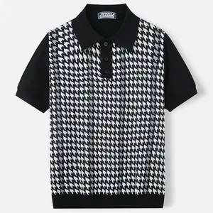 Men's business casual polo shirt with houndstooth jacquard pattern and knit finish