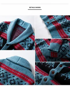Detailansicht der Herren-Strickjacke mit Ethno-Muster, Schalkragen und Jacquard-Gewebe