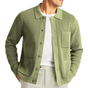 Stylish men's olive green knit cardigan sweater with buttons and front pockets