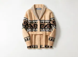 Men's vintage jacquard knit cardigan in khaki with shawl collar and belt