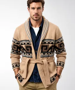 Mens thick vintage jacquard knit cardigan featuring a shawl collar and belted waist