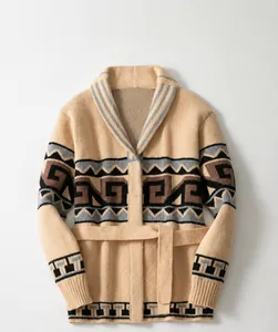 Detailed front view of a thick men's retro jacquard knit cardigan with waist belt