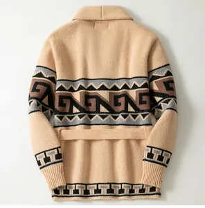 Back view of thick vintage jacquard men's cardigan with tie waist design.