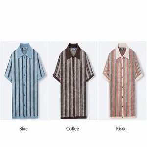Showcase of men's striped knitted polo shirts in blue, coffee, and khaki options.