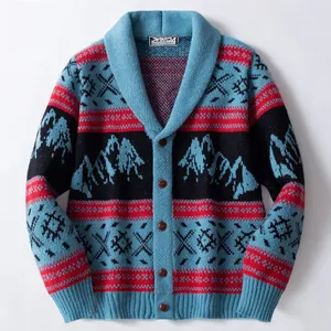 Gebreid heren vest met sjaalkraag, retro etnisch jacquard patroon in blauw en rood