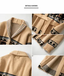 Detailed shots of a vintage jacquard men's cardigan featuring a waist belt and shawl collar