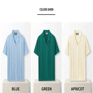 Detail view showing three colors of men's knitted Cuban collar Polo shirts with jacquard