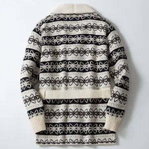 Men's retro pattern shawl collar knit cardigan with waist belt, back view details