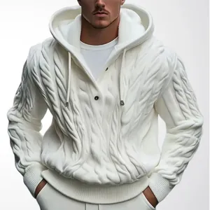 Hochwertiger schwerer 3D-Zopfstrick-Kapuzenpullover für Herren in Weiß für den Winter