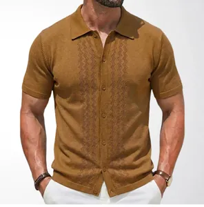 Polo in maglia marrone a maniche corte da uomo con motivi traforati verticali