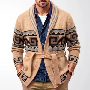 Thickened men's retro jacquard knit cardigan jacket with shawl collar and belted waist