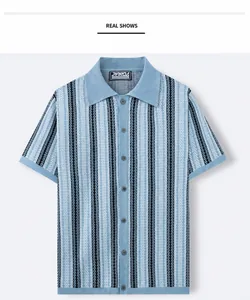 Front view detail of men's knitted polo shirt with blue and navy chevron stripes