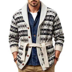 Classic men's vintage pattern shawl collar knit cardigan with belted design for autumn winter