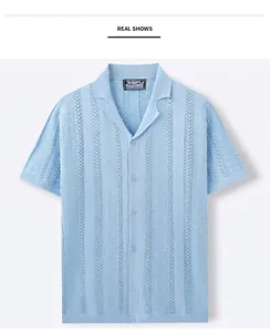 Detailed view of light blue men's knitted Cuban collar shirt with wheat spike jacquard