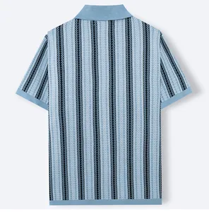 Back view of men's knitted polo shirt with blue and navy vertical zigzag stripes