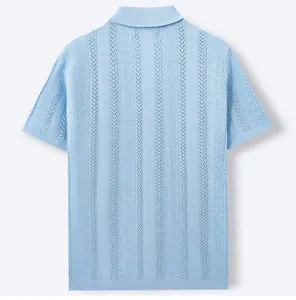 Detailed back view of light blue men's knitted polo shirt with elegant wheat patterns