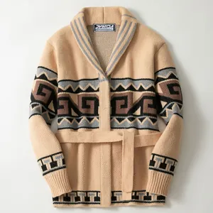Vintage ethnic jacquard belted mid-length men's thick shawl collar cardigan sweater jacket