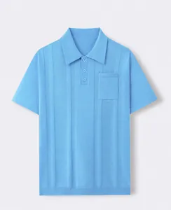 Detail of light blue men's knitted short-sleeve polo shirt with vertical rib textures
