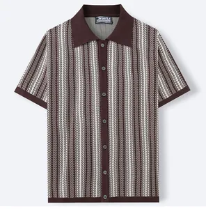 Men's vintage brown striped knit polo shirt with jacquard pattern and button-up design