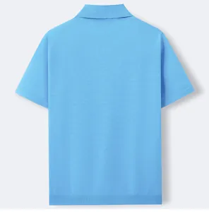 Back view of a mens sky blue knit polo shirt with fine ribbed texture detailing