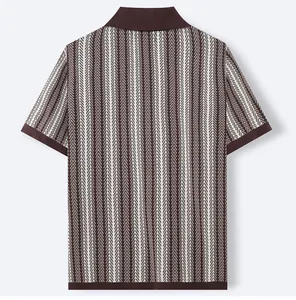 Detailed back view of men's knit polo shirt featuring a brown chevron stripe pattern.