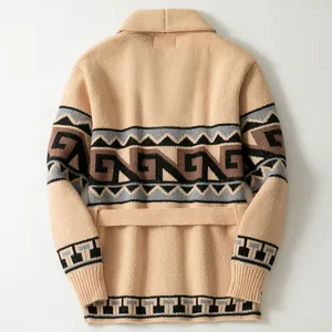 Vintage men's thick knit cardigan jacket with geometric pattern and belted waist