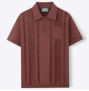 Front view of men's burgundy knit polo shirt with vertical stripes and chest pocket