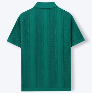 Back view of men's emerald green knitted polo shirt with wheat ear jacquard texture
