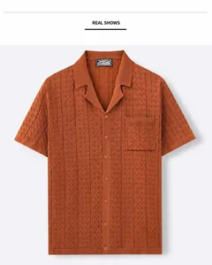 Burnt orange men's knit shirt featuring a Cuban collar and a textured Jacquard pattern.
