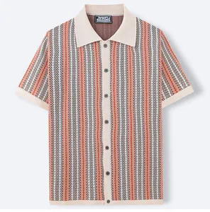 Men's short-sleeve knitted Polo shirt with orange and black chevron contrast stripes.