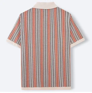 Back view of a men's knitted polo shirt featuring vibrant orange and black chevron stripes