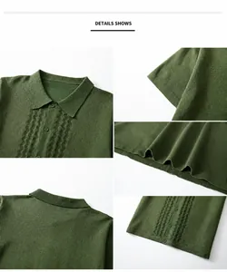 Dettagli ravvicinati della polo in maglia verde a maniche corte con trama traforata