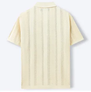 Back view of cream knit polo shirt featuring wheat ear jacquard and Cuban collar.