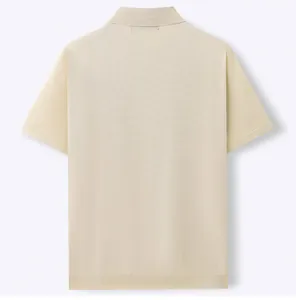 Detailed back view of men's beige short-sleeved knitted Polo shirt with ribbed texture