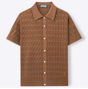 Close-up view of a brown men's knitted polo shirt featuring hollow-out leaf jacquard pattern