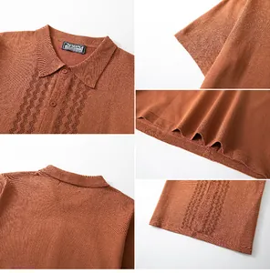 Dettagli completi della polo in maglia color ruggine con motivi traforati e bottoni