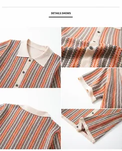Detailed close-up views of the fabric and finish of a striped jacquard knit polo