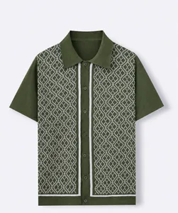Cardigan polo en maille à manches courtes vert avec motif jacquard blanc